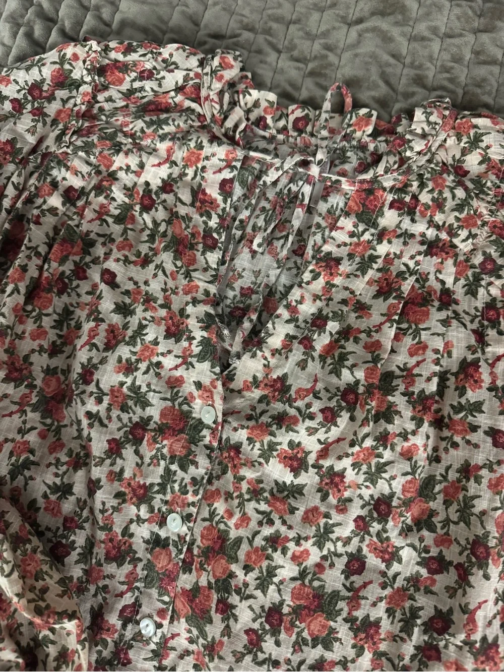 Free People Blouse Floral Tie-Neck Puff Sleeve
